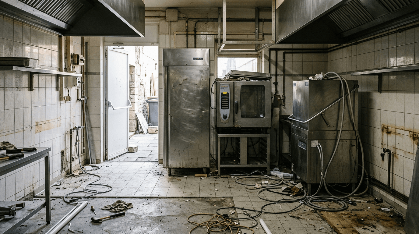 Old stainless steel catering equipment lined up by the back door of a restaurant kitchen