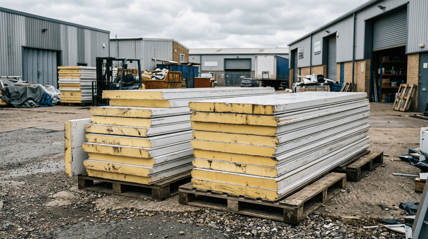 Dismantled insulated cold room panels stacked on pallets with foam cores visible