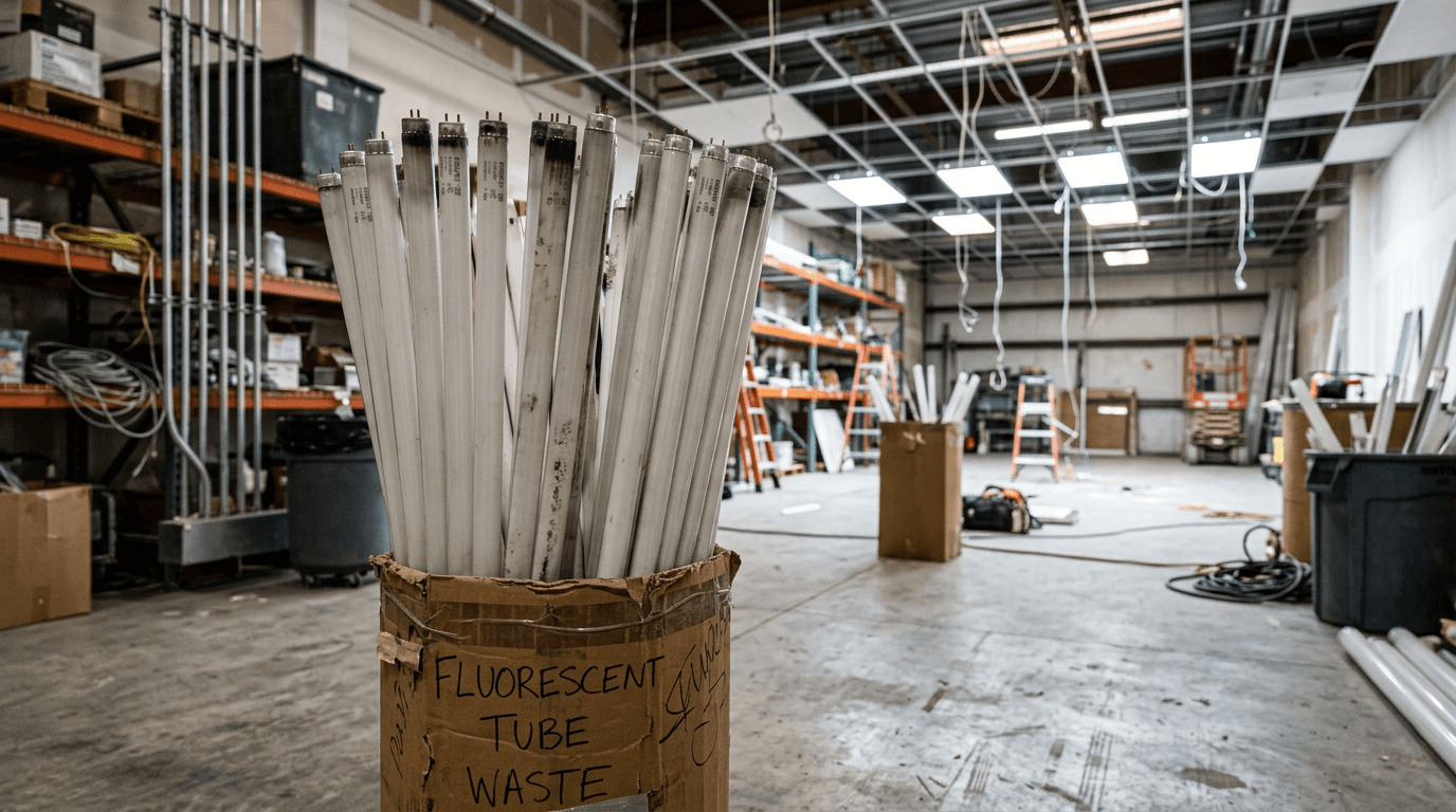 A bundle of used fluorescent tubes standing upright in a cardboard box in a warehouse