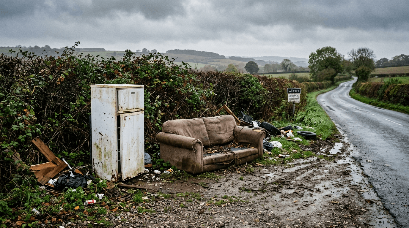 A fridge and sofa fly-tipped in a rural English lay-by