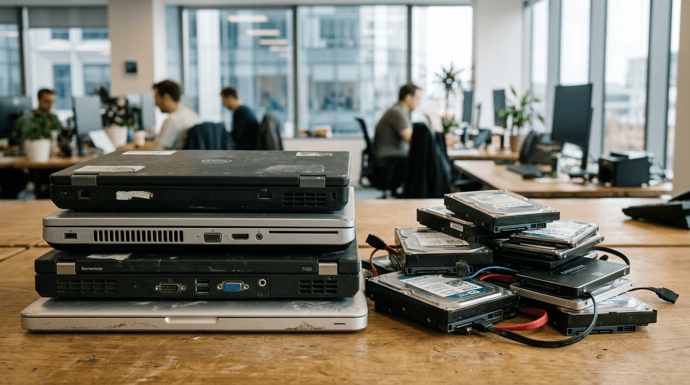 Old laptops stacked on an office desk next to removed hard drives