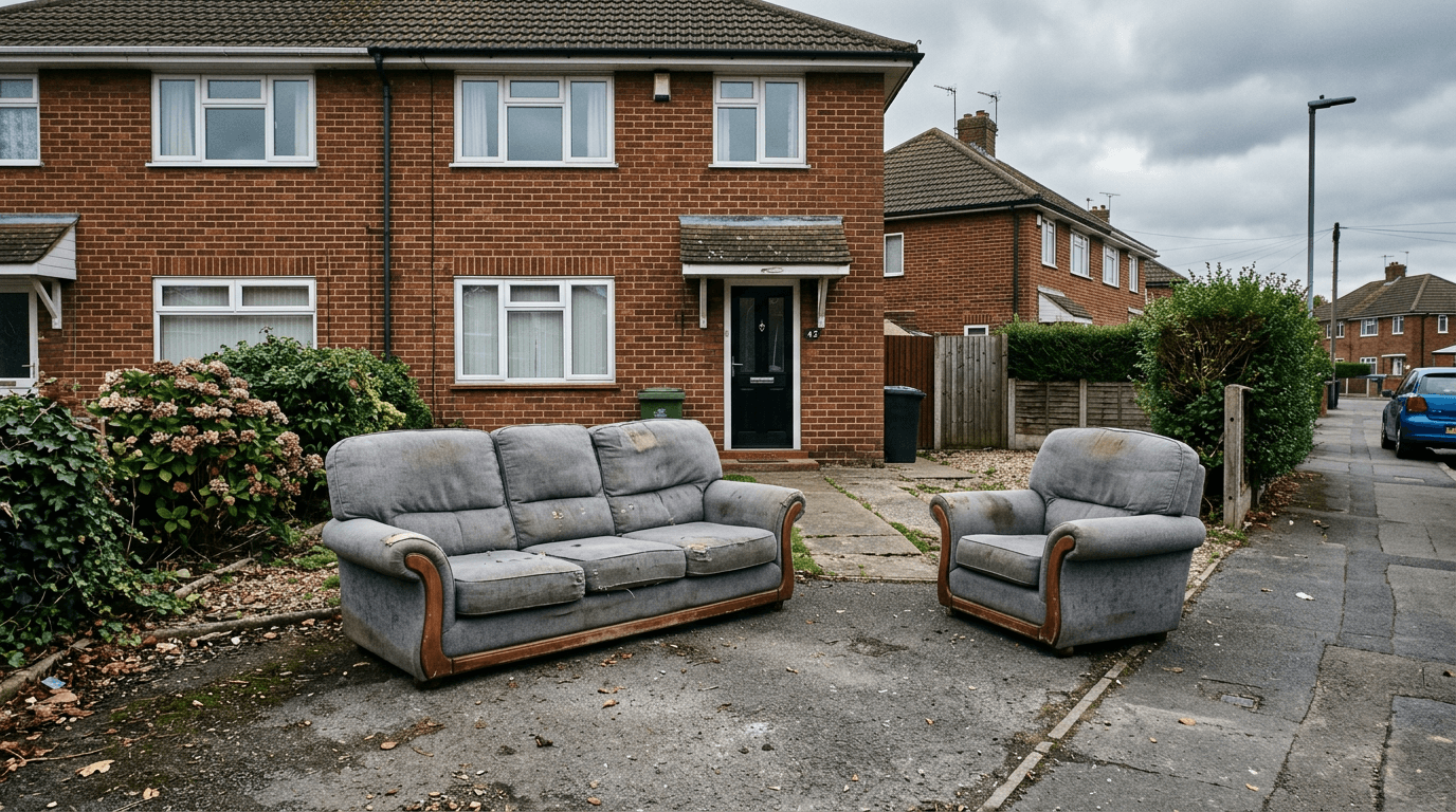 An old grey fabric sofa and armchair on a driveway waiting for collection