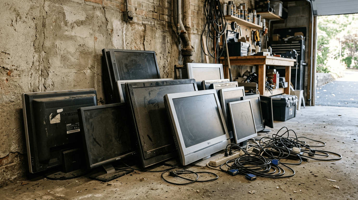 Old flat screen TVs and monitors leaning against a garage wall
