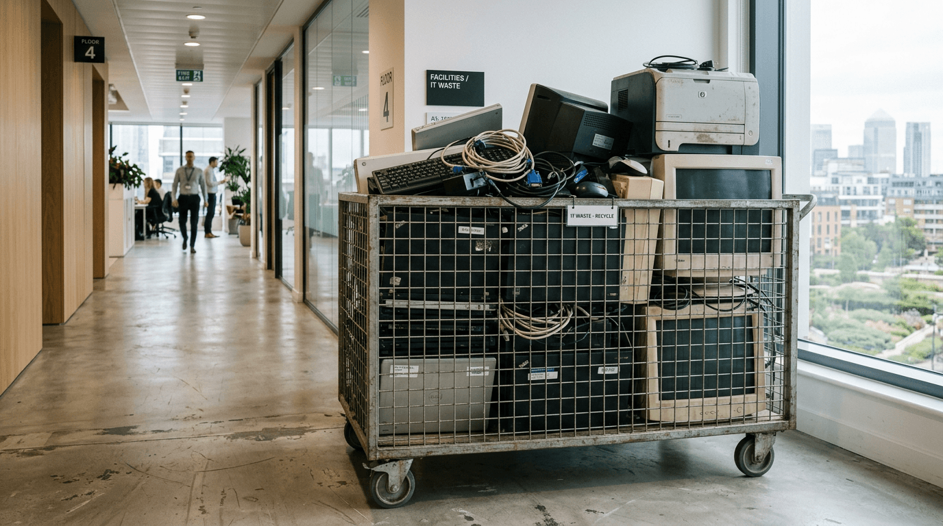 A cage trolley of old laptops, monitors and cables in an office corridor