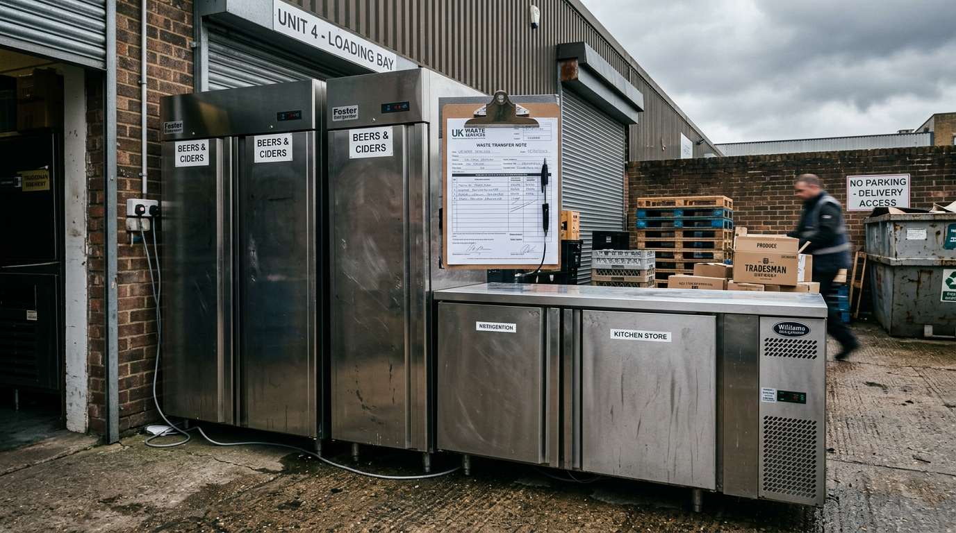 Stainless steel commercial coolers at a restaurant loading bay with a waste form on a clipboard