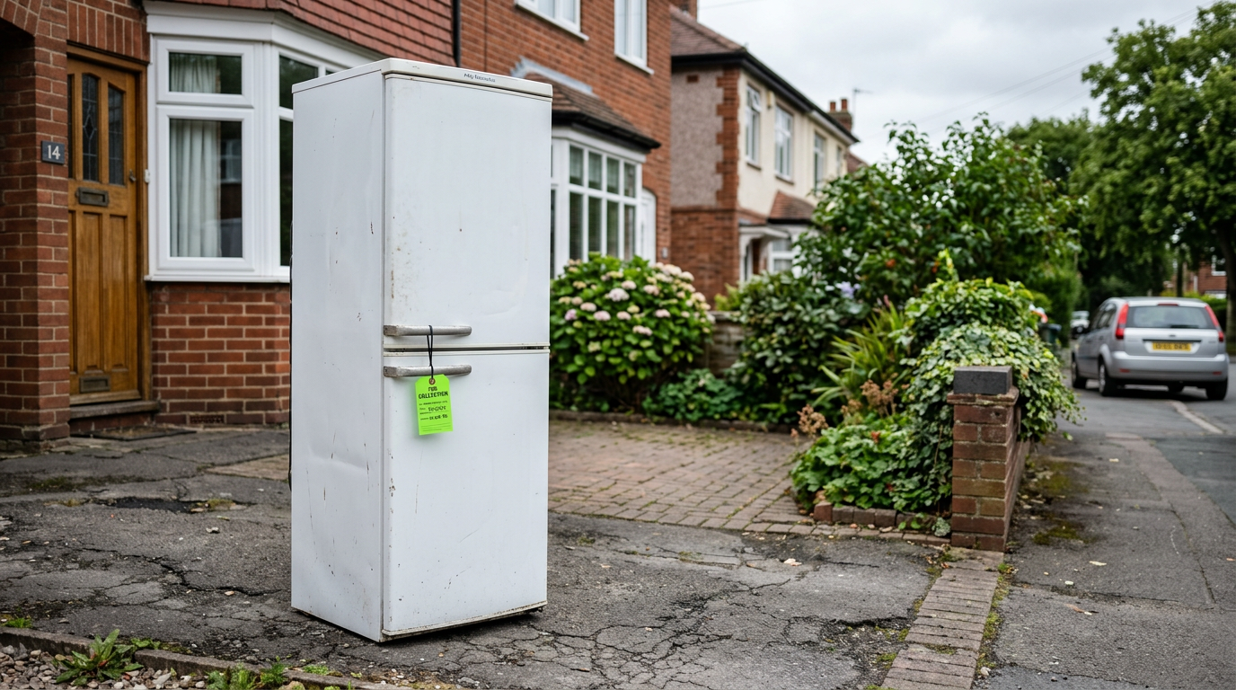 An old white fridge freezer on a driveway waiting for collection