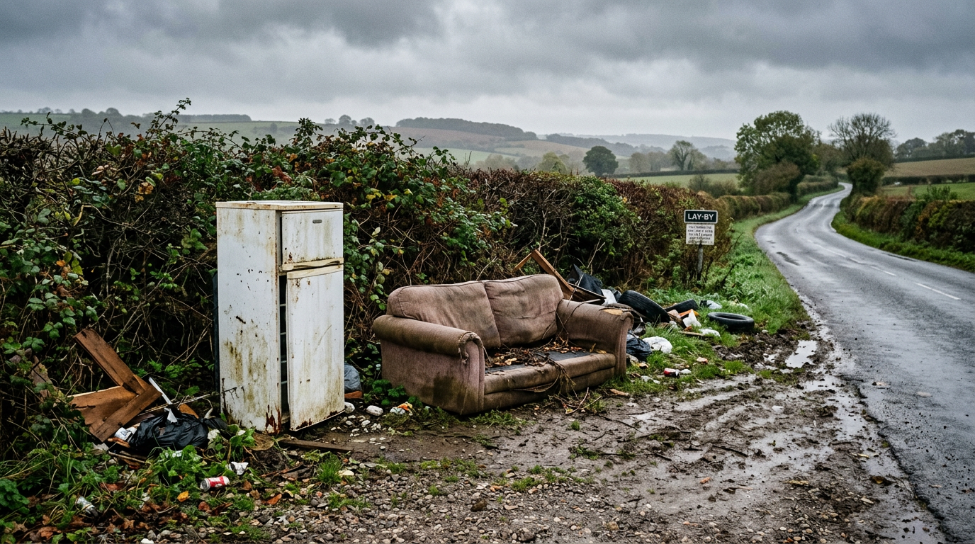 A fridge and sofa fly-tipped in a rural English lay-by