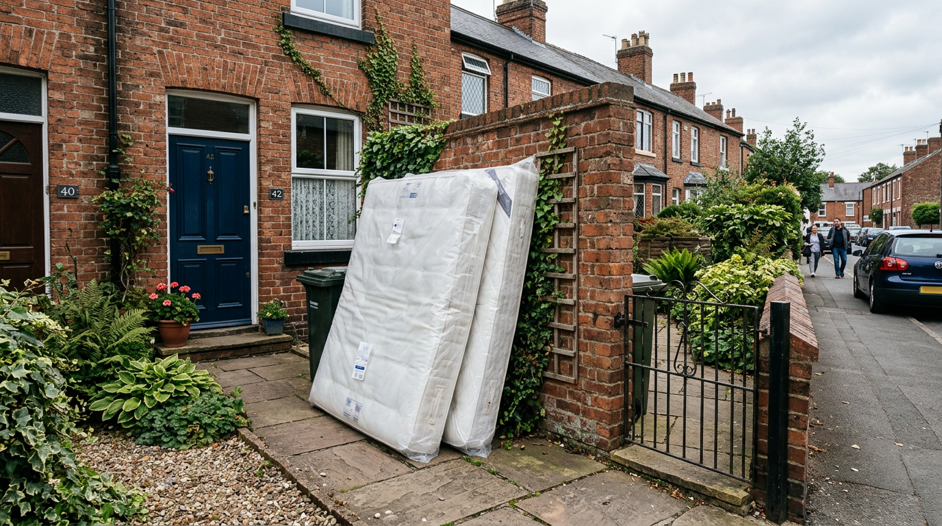 Two wrapped mattresses leaning against a garden wall ready for collection