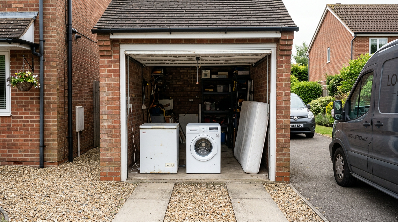 A freezer, washing machine and mattress lined up in an open garage with clear access to the driveway
