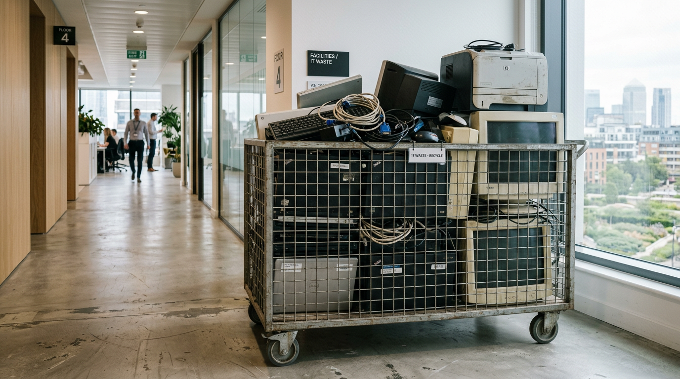 A cage trolley of old laptops, monitors and cables in an office corridor