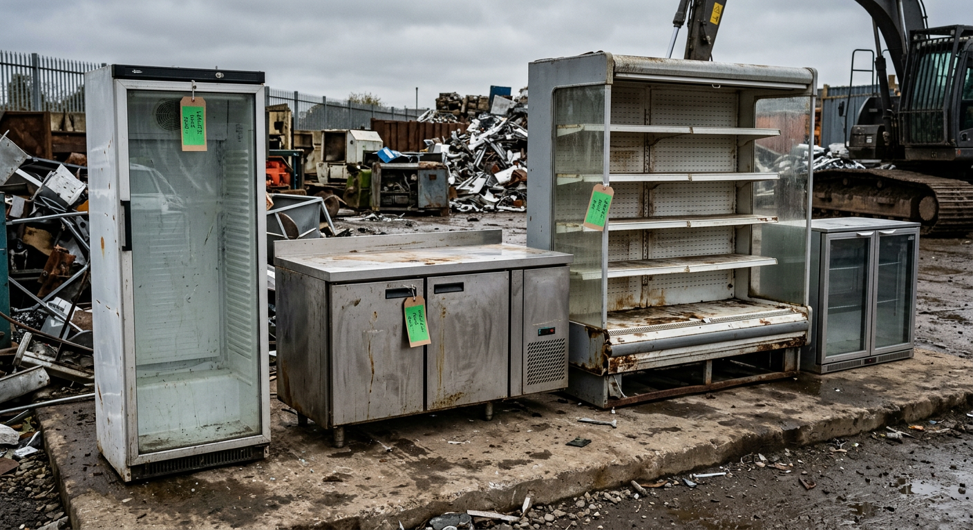 Decommissioned drinks display chillers, catering fridges and a multideck chiller lined up with waste tags